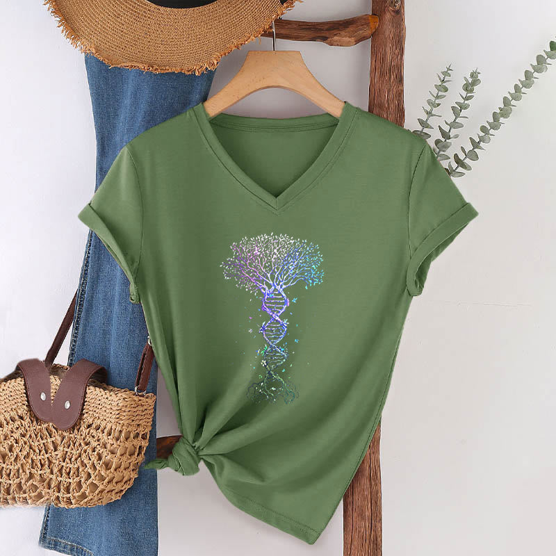Olivenorma Boho Color Gradient DNA Tree Life Art Print Women's V Neck T-Shirt - image 7