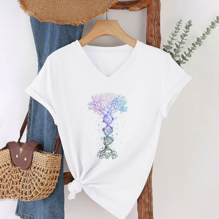 Olivenorma Boho Color Gradient DNA Tree Life Art Print Women's V Neck T-Shirt - image 19