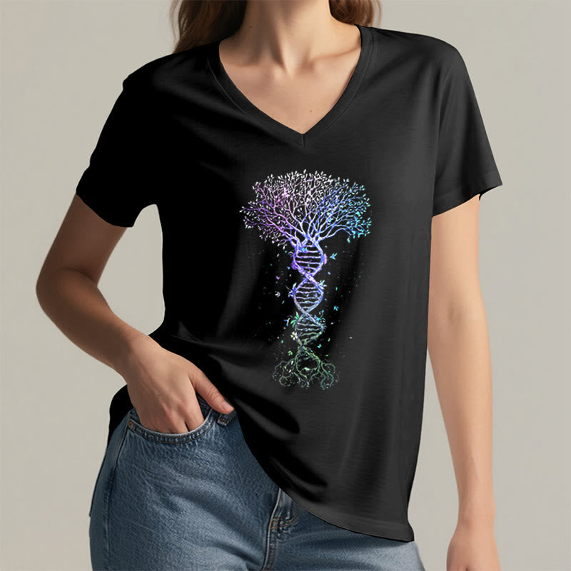 Olivenorma Boho Color Gradient DNA Tree Life Art Print Women's V Neck T-Shirt - image 2