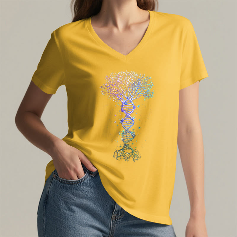 Olivenorma Boho Color Gradient DNA Tree Life Art Print Women's V Neck T-Shirt - image 32