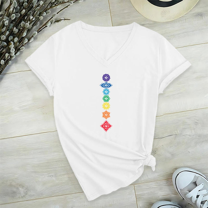 Olivenorma Vertical Seven Chakra Mandala Spiritual Graphic Women's V Neck T-Shirt - White - 2XL - image 18