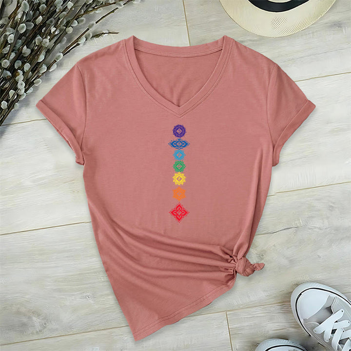 Olivenorma Vertical Seven Chakra Mandala Spiritual Graphic Women's V Neck T-Shirt - Pink - 2XL - image 9