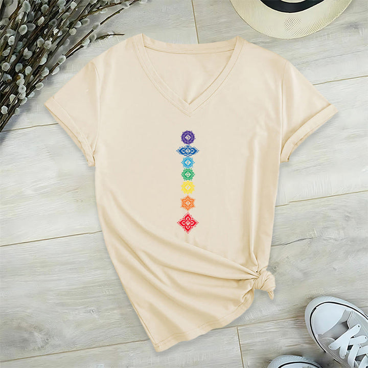 Olivenorma Vertical Seven Chakra Mandala Spiritual Graphic Women's V Neck T-Shirt - Khaki - 2XL - image 6