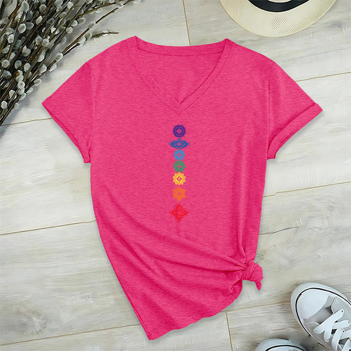Olivenorma Vertical Seven Chakra Mandala Spiritual Graphic Women's V Neck T-Shirt - Rose Red - 2XL - image 33