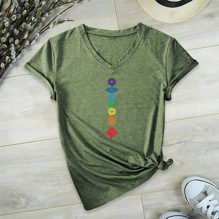 Olivenorma Vertical Seven Chakra Mandala Spiritual Graphic Women's V Neck T-Shirt - Olive Green - 2XL - image 3