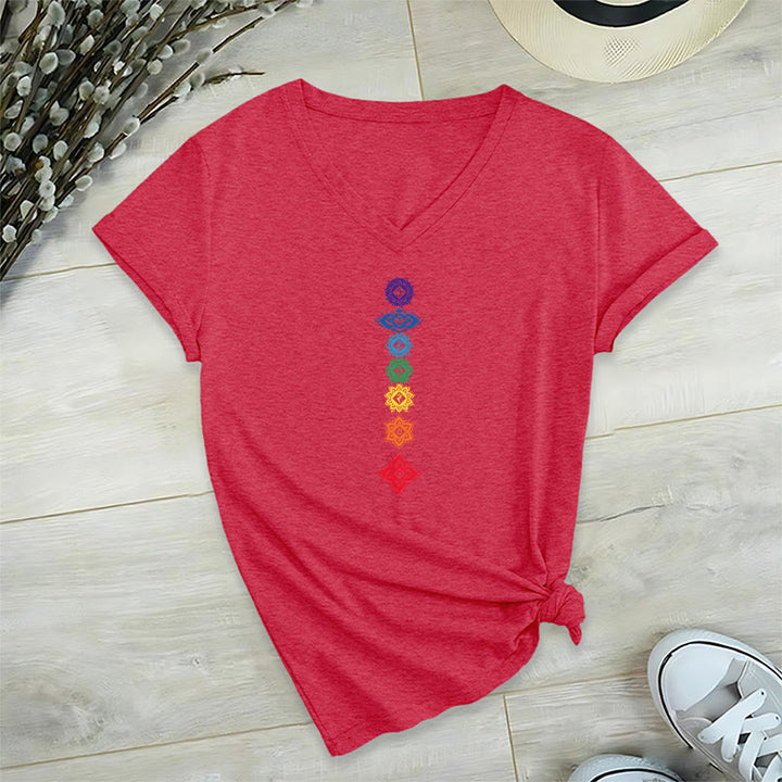Olivenorma Vertical Seven Chakra Mandala Spiritual Graphic Women's V Neck T-Shirt - Red - 2XL - image 27