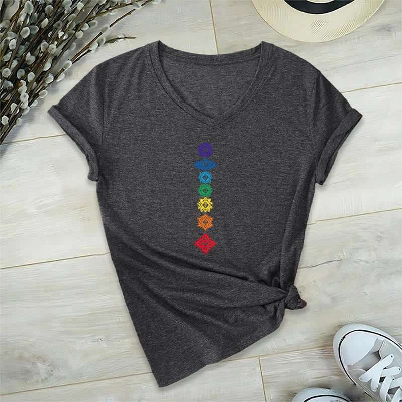 Olivenorma Vertical Seven Chakra Mandala Spiritual Graphic Women's V Neck T-Shirt - Gray - 2XL - image 0