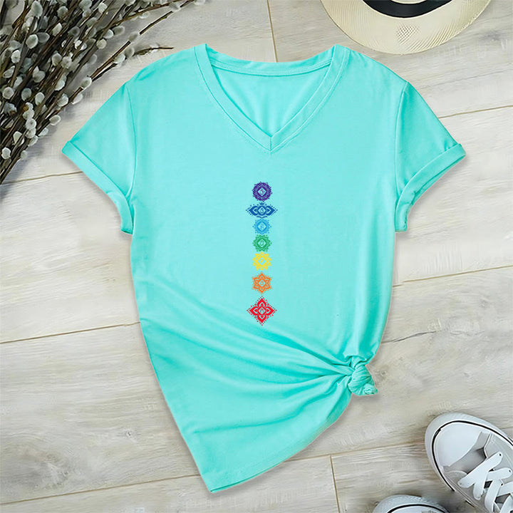 Olivenorma Vertical Seven Chakra Mandala Spiritual Graphic Women's V Neck T-Shirt - Lake Blue - 2XL - image 12