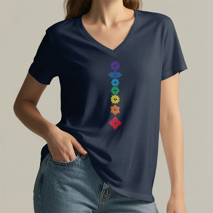 Olivenorma Vertical Seven Chakra Mandala Spiritual Graphic Women's V Neck T-Shirt - image 22