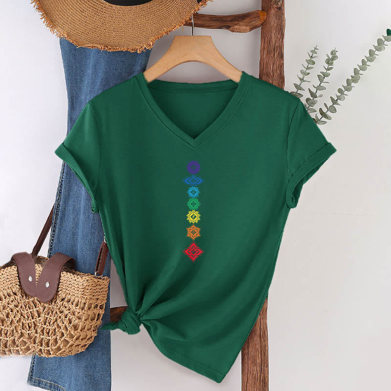Olivenorma Vertical Seven Chakra Mandala Spiritual Graphic Women's V Neck T-Shirt - image 26