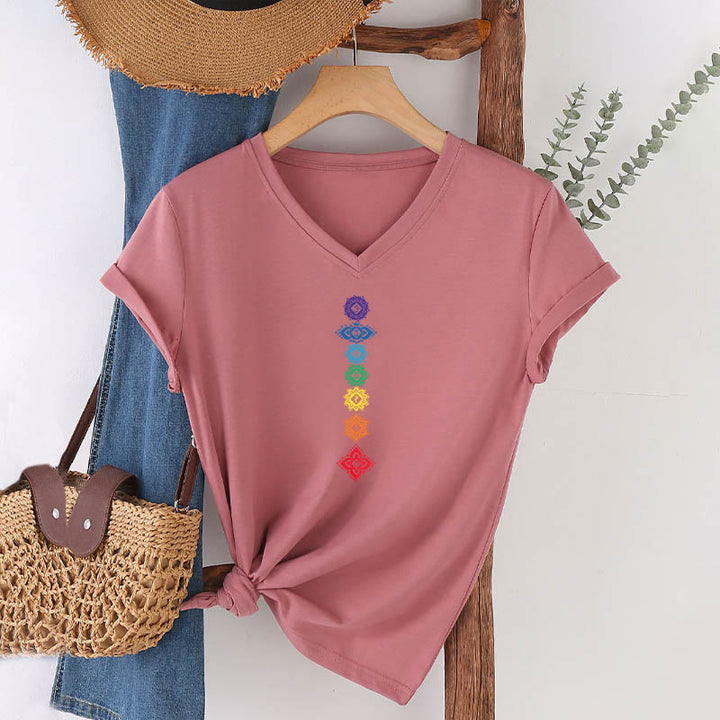 Olivenorma Vertical Seven Chakra Mandala Spiritual Graphic Women's V Neck T-Shirt - image 11