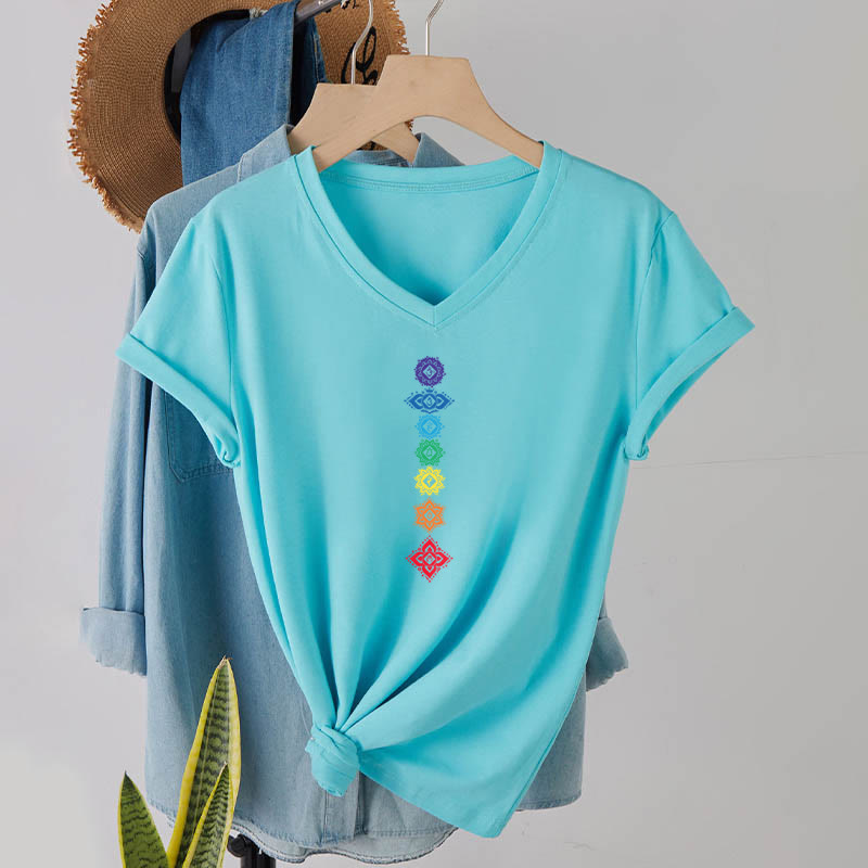 Olivenorma Vertical Seven Chakra Mandala Spiritual Graphic Women's V Neck T-Shirt - image 14