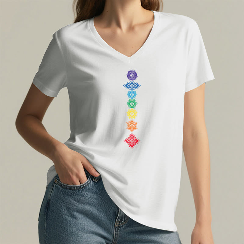 Olivenorma Vertical Seven Chakra Mandala Spiritual Graphic Women's V Neck T-Shirt - image 19