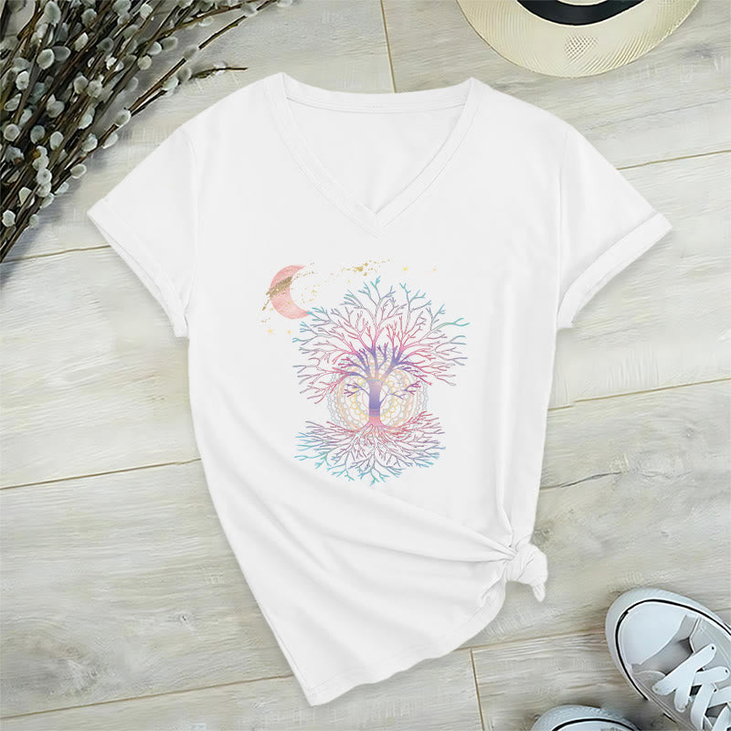 Olivenorma Boho Crescent Moon Star Galaxy Tree Of Life Graphic Women's V Neck T-Shirt - White - 2XL - image 18