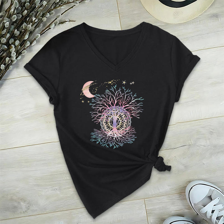 Olivenorma Boho Crescent Moon Star Galaxy Tree Of Life Graphic Women's V Neck T-Shirt - Black - 2XL - image 15