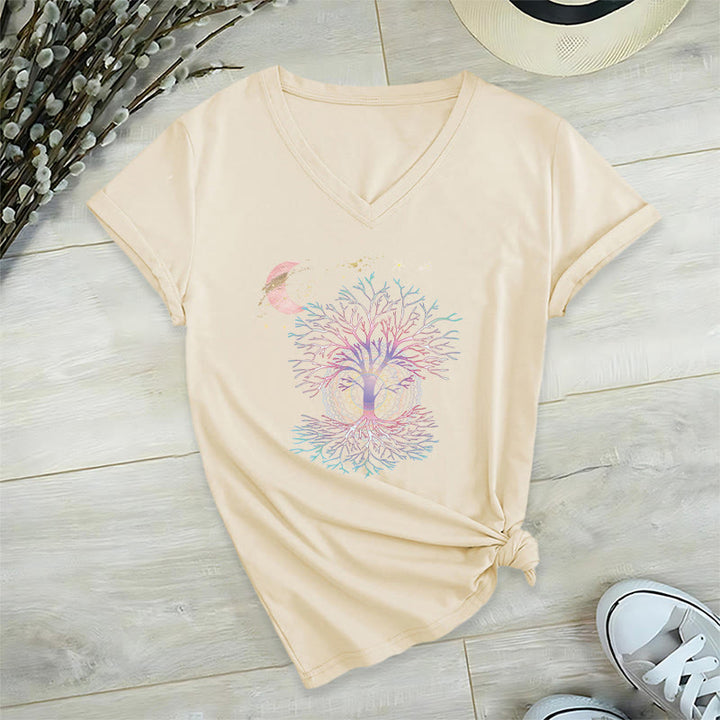 Olivenorma Boho Crescent Moon Star Galaxy Tree Of Life Graphic Women's V Neck T-Shirt - Khaki - 2XL - image 6