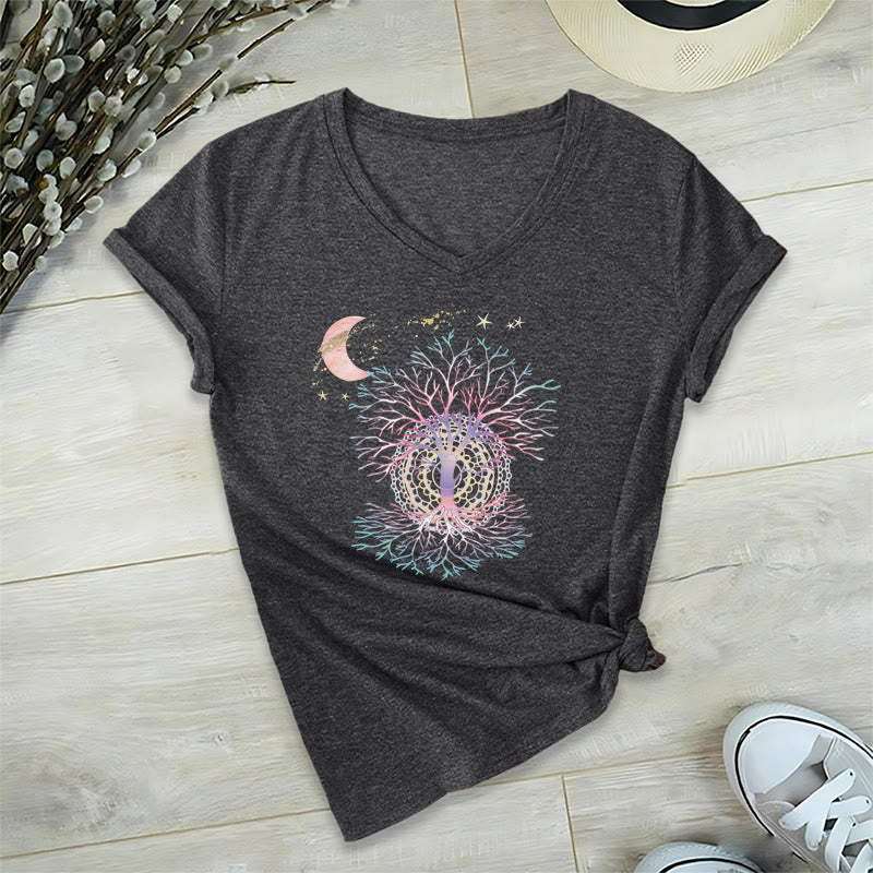 Olivenorma Boho Crescent Moon Star Galaxy Tree Of Life Graphic Women's V Neck T-Shirt - Gray - 2XL - image 0