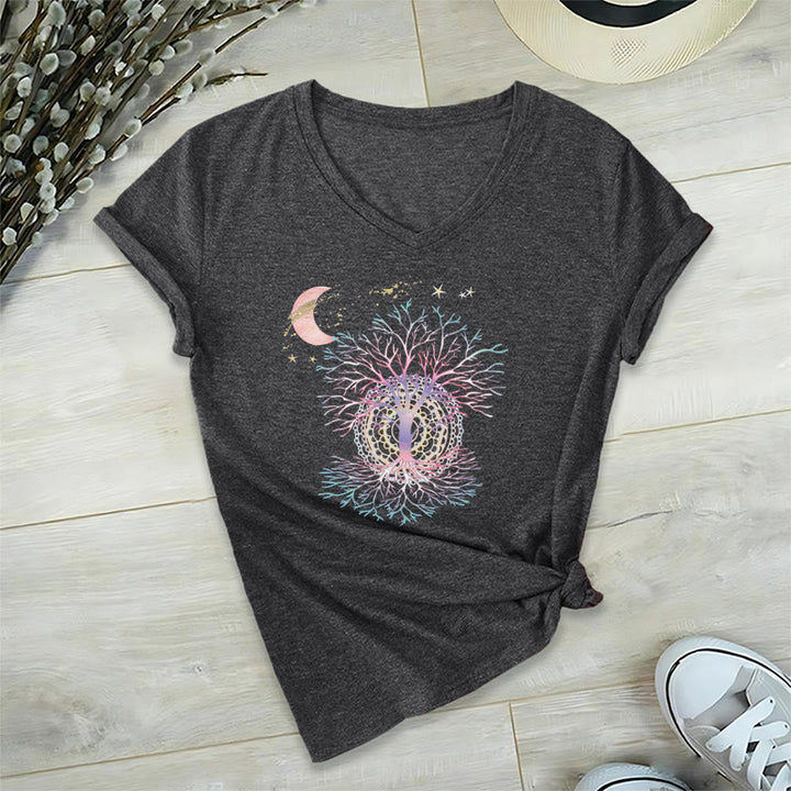 Olivenorma Boho Crescent Moon Star Galaxy Tree Of Life Graphic Women's V Neck T-Shirt - Gray - 2XL - image 0