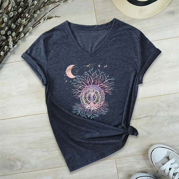 Olivenorma Boho Crescent Moon Star Galaxy Tree Of Life Graphic Women's V Neck T-Shirt - Navy Blue - 2XL - image 21