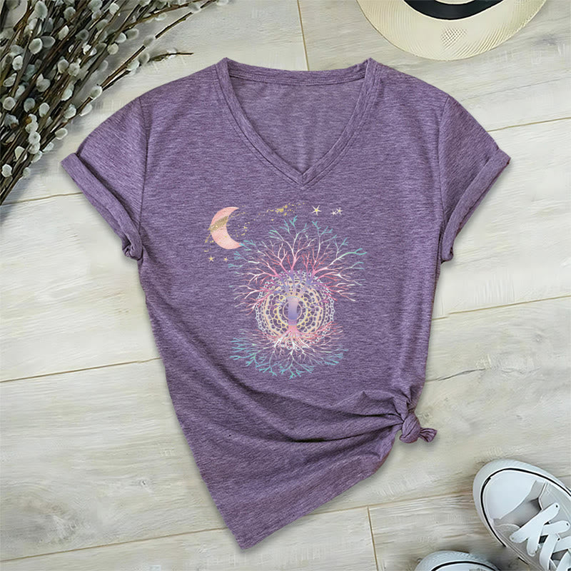 Olivenorma Boho Crescent Moon Star Galaxy Tree Of Life Graphic Women's V Neck T-Shirt - Purple - 2XL - image 36