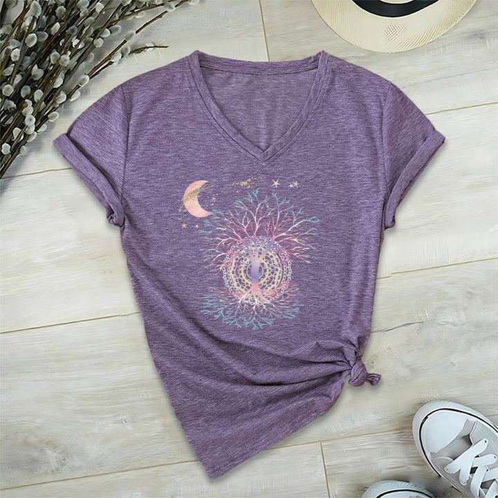 Olivenorma Boho Crescent Moon Star Galaxy Tree Of Life Graphic Women's V Neck T-Shirt - Purple - 2XL - image 36