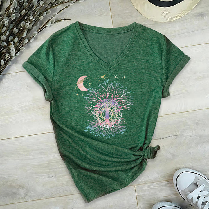 Olivenorma Boho Crescent Moon Star Galaxy Tree Of Life Graphic Women's V Neck T-Shirt - Dark Green - 2XL - image 24