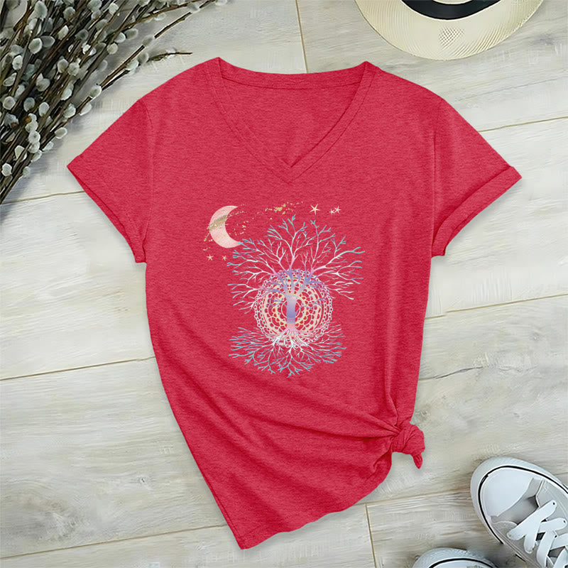 Olivenorma Boho Crescent Moon Star Galaxy Tree Of Life Graphic Women's V Neck T-Shirt - Red - 2XL - image 27