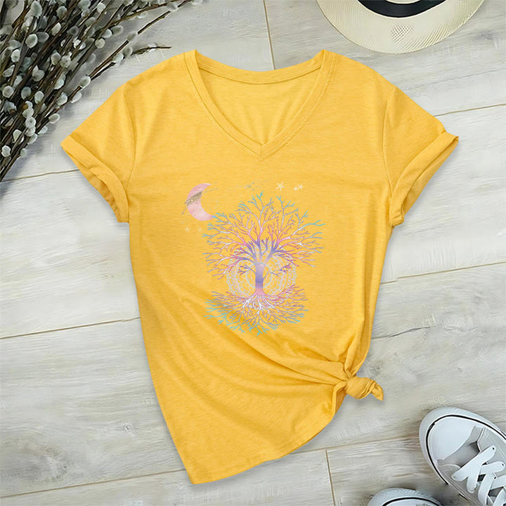 Olivenorma Boho Crescent Moon Star Galaxy Tree Of Life Graphic Women's V Neck T-Shirt - Yellow - 2XL - image 30