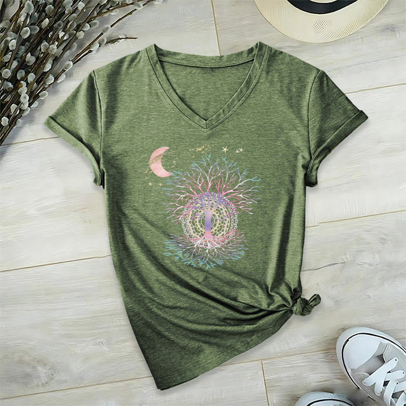 Olivenorma Boho Crescent Moon Star Galaxy Tree Of Life Graphic Women's V Neck T-Shirt - Olive Green - 2XL - image 3
