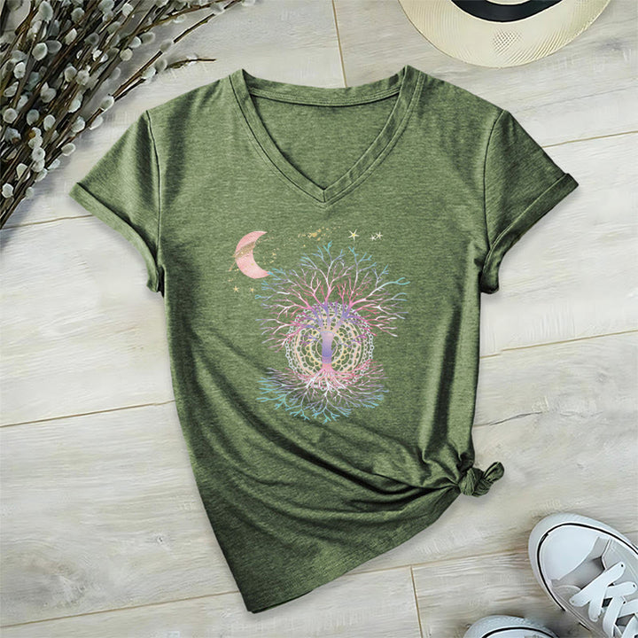 Olivenorma Boho Crescent Moon Star Galaxy Tree Of Life Graphic Women's V Neck T-Shirt - Olive Green - 2XL - image 3