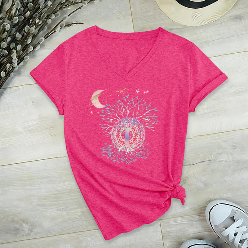 Olivenorma Boho Crescent Moon Star Galaxy Tree Of Life Graphic Women's V Neck T-Shirt - Rose Red - 2XL - image 33