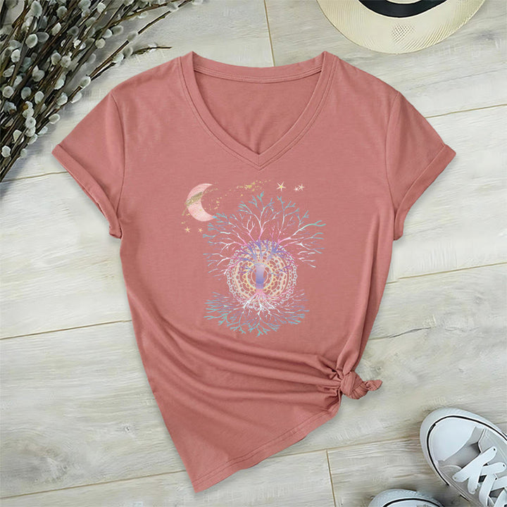 Olivenorma Boho Crescent Moon Star Galaxy Tree Of Life Graphic Women's V Neck T-Shirt - Pink - 2XL - image 9