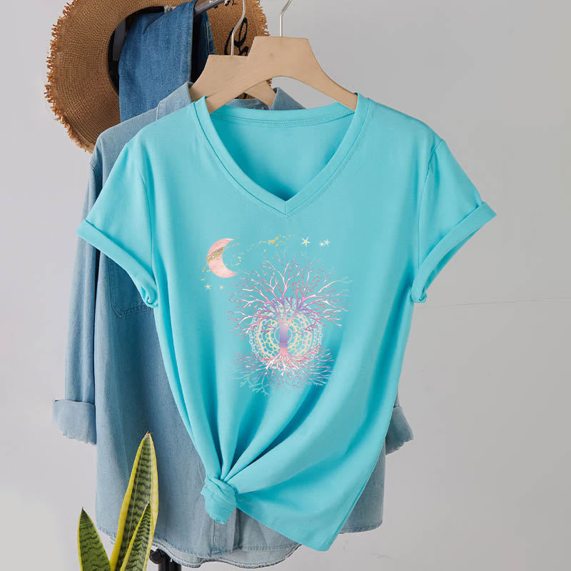 Olivenorma Boho Crescent Moon Star Galaxy Tree Of Life Graphic Women's V Neck T-Shirt - image 13