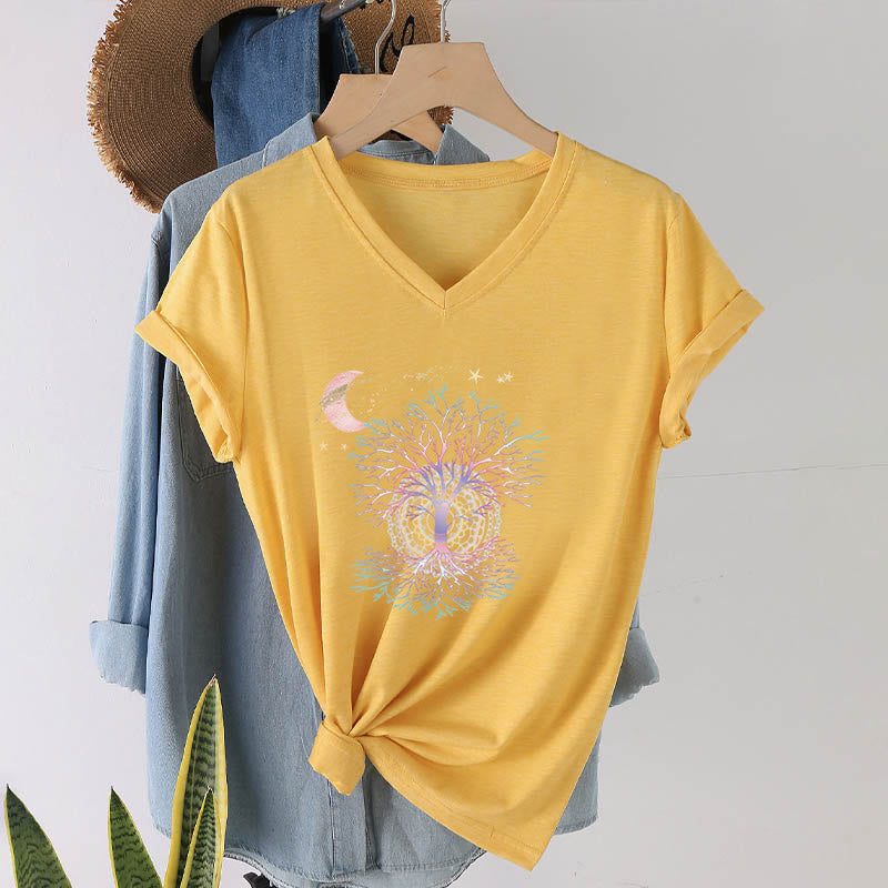 Olivenorma Boho Crescent Moon Star Galaxy Tree Of Life Graphic Women's V Neck T-Shirt - image 31