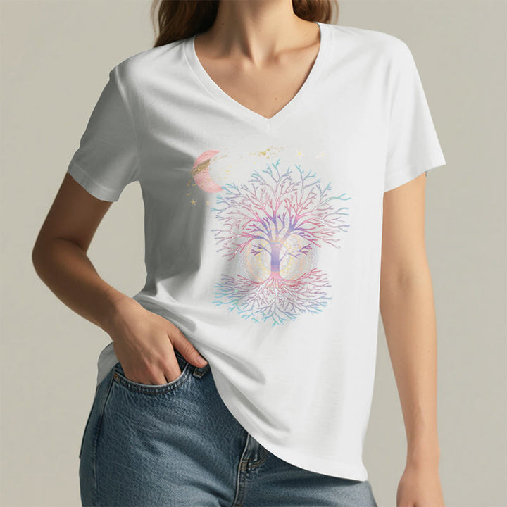 Olivenorma Boho Crescent Moon Star Galaxy Tree Of Life Graphic Women's V Neck T-Shirt - image 20