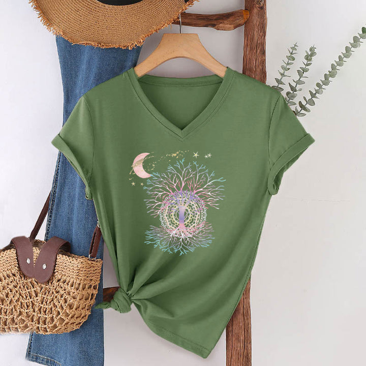 Olivenorma Boho Crescent Moon Star Galaxy Tree Of Life Graphic Women's V Neck T-Shirt - image 4