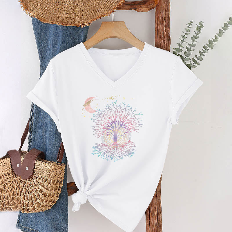 Olivenorma Boho Crescent Moon Star Galaxy Tree Of Life Graphic Women's V Neck T-Shirt - image 19
