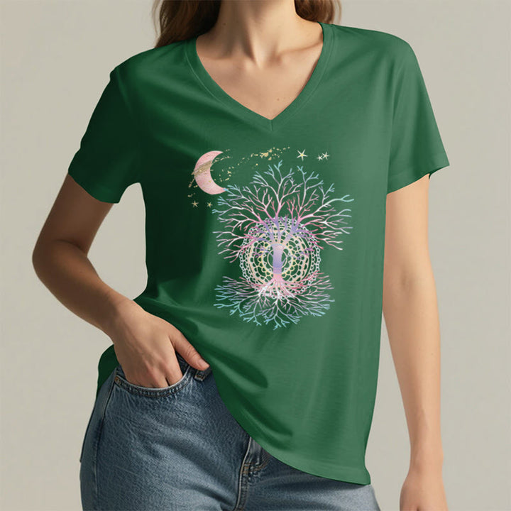 Olivenorma Boho Crescent Moon Star Galaxy Tree Of Life Graphic Women's V Neck T-Shirt - image 26