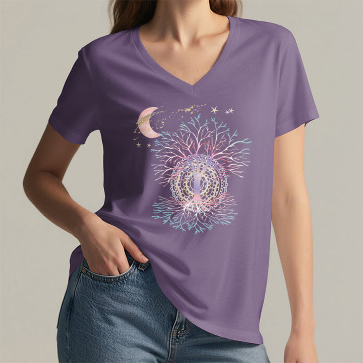 Olivenorma Boho Crescent Moon Star Galaxy Tree Of Life Graphic Women's V Neck T-Shirt - image 38