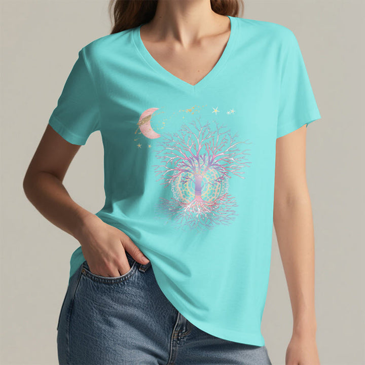 Olivenorma Boho Crescent Moon Star Galaxy Tree Of Life Graphic Women's V Neck T-Shirt - image 14
