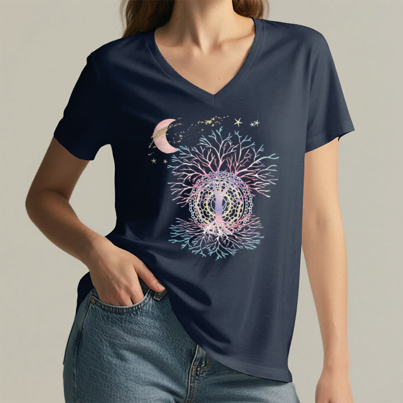 Olivenorma Boho Crescent Moon Star Galaxy Tree Of Life Graphic Women's V Neck T-Shirt - image 23