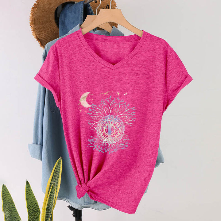 Olivenorma Boho Crescent Moon Star Galaxy Tree Of Life Graphic Women's V Neck T-Shirt - image 34