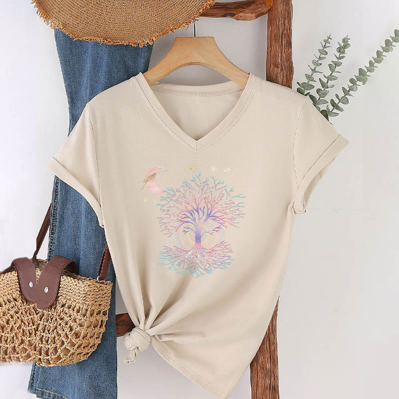 Olivenorma Boho Crescent Moon Star Galaxy Tree Of Life Graphic Women's V Neck T-Shirt - image 7