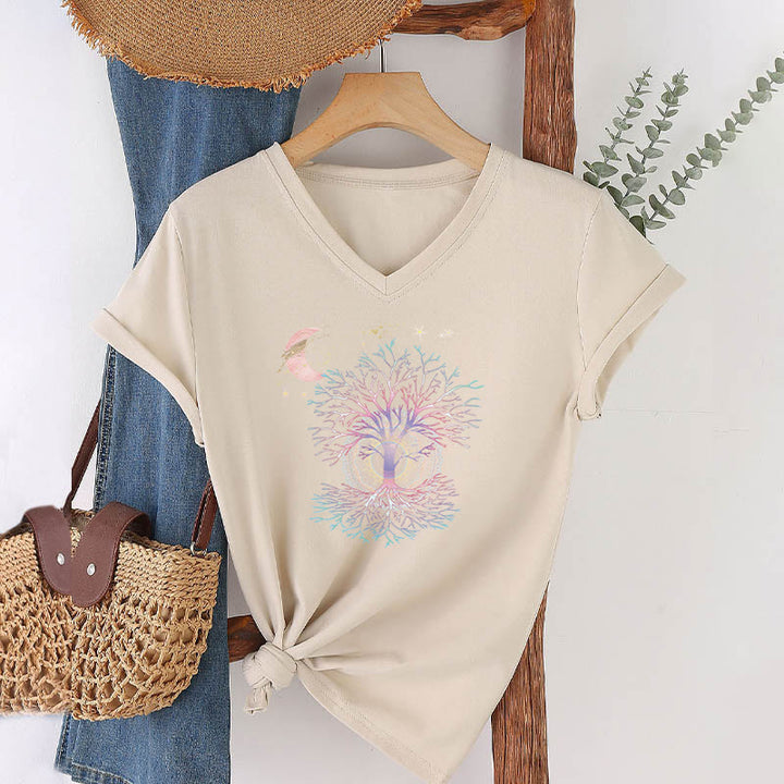 Olivenorma Boho Crescent Moon Star Galaxy Tree Of Life Graphic Women's V Neck T-Shirt - image 7