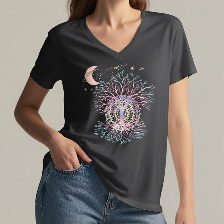 Olivenorma Boho Crescent Moon Star Galaxy Tree Of Life Graphic Women's V Neck T-Shirt - image 2