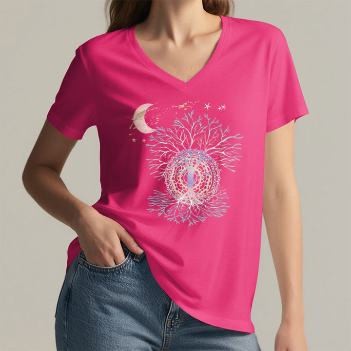 Olivenorma Boho Crescent Moon Star Galaxy Tree Of Life Graphic Women's V Neck T-Shirt - image 35