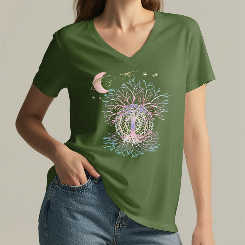 Olivenorma Boho Crescent Moon Star Galaxy Tree Of Life Graphic Women's V Neck T-Shirt - image 5