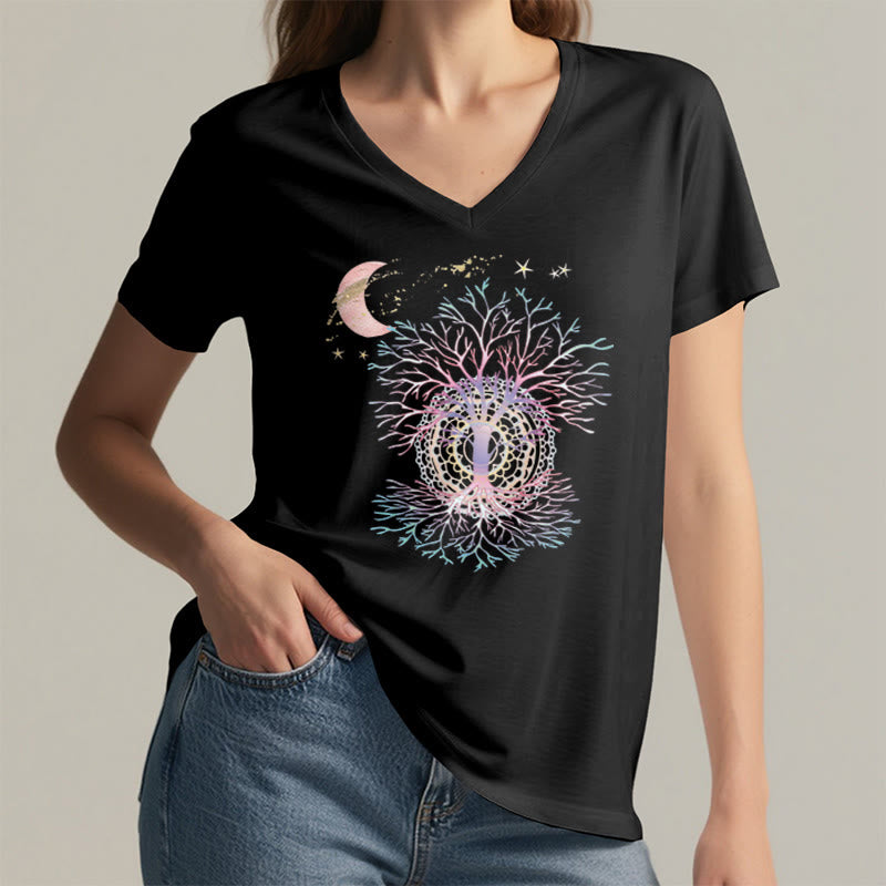 Olivenorma Boho Crescent Moon Star Galaxy Tree Of Life Graphic Women's V Neck T-Shirt - image 17