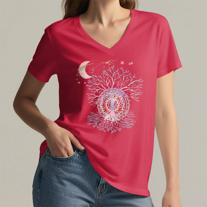 Olivenorma Boho Crescent Moon Star Galaxy Tree Of Life Graphic Women's V Neck T-Shirt - image 29