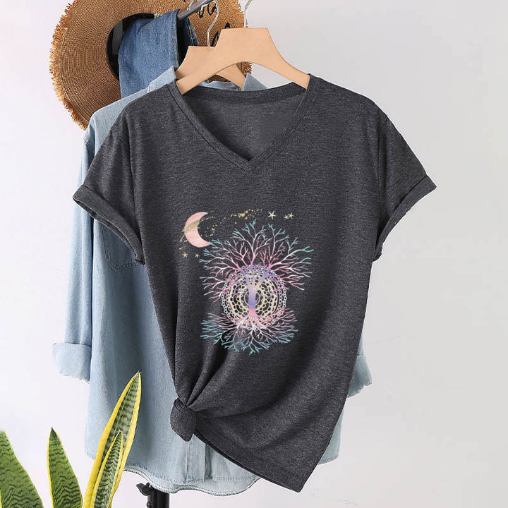 Olivenorma Boho Crescent Moon Star Galaxy Tree Of Life Graphic Women's V Neck T-Shirt - image 1